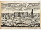 un dessin représentant un grand bâtiment avec une tour au milieu