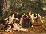 un tableau représentant un groupe de chiens dans un environnement boisé