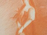 drawing of a woman standing on a beach holding a bouquet of flowers
