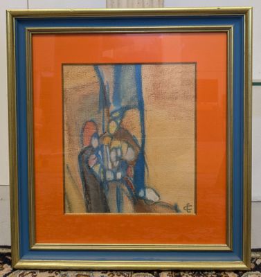 framed painting of a woman ' s feet in a blue and orange dress