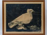 painting of a white bird on a black background in a wooden frame