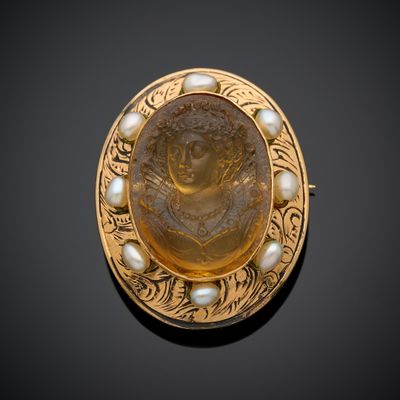 Broche en or jaune 750 millièmes, présentant un camée sur citrine au p - Photo 1