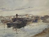 a painting of a man standing on a boat in the water
