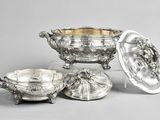 four pieces of silverware including a bowl, bowl, and saucer