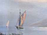 a painting of a sailboat on the water near a shore