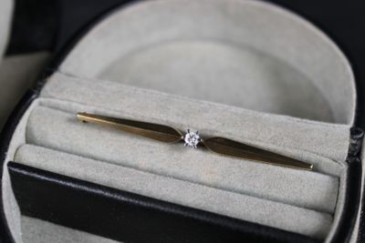 un stylo en or serti d'un diamant, présenté dans un étui