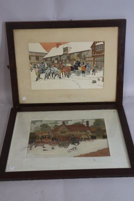 two framed pictures of people on a snowy street with buildings in the background