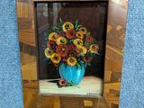 une photo d'une photo d'un vase rempli de tournesols