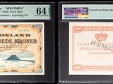 three different types of currency are on display in a display case