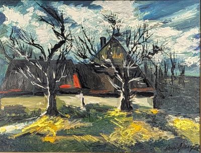 an oil painting of a house and trees in a field