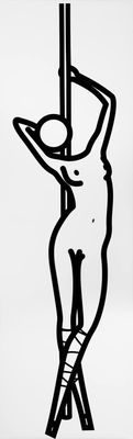 a black and white drawing of a woman on a pole