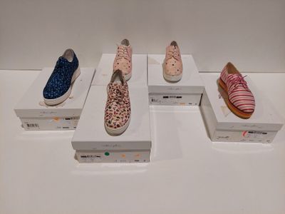 Plusieurs paires de chaussures sont exposées dans une vitrine.