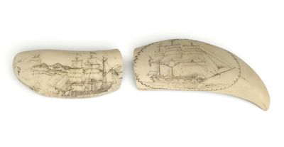 two pieces of ivory with a drawing of a ship on it
