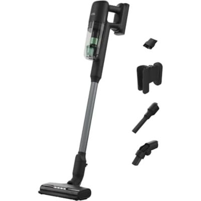 un aspirateur noir et argent avec ses accessoires, sur fond blanc