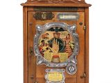 an old wooden clock with a picture of a man and a woman on it