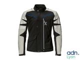 a close up of a black and white jacket on a white background