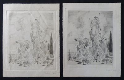 two drawings of a man on a horse and a woman on a horse