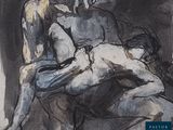 a drawing of a man and a woman sitting on a couch