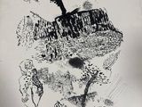 a black and white drawing of a man with a tree on his head