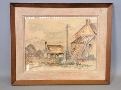 an image of a painting of a farm scene in a wooden frame