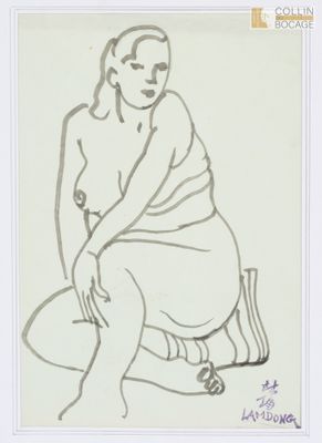 dessin représentant une femme assise sur un tabouret, les jambes croisées
