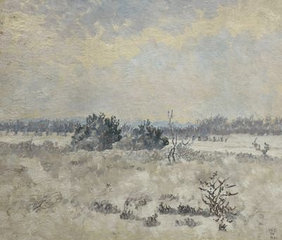 a painting of a snowy landscape with trees in the foreground