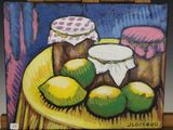 une peinture représentant une peinture de citrons et de bocaux posés sur une table