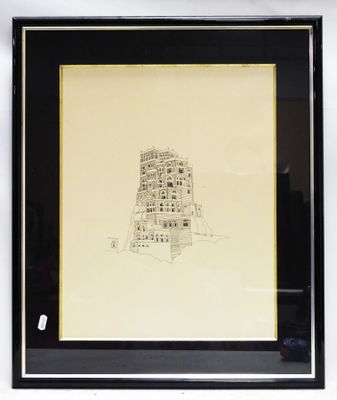 framed drawing of a tall building with a clock on the top of it