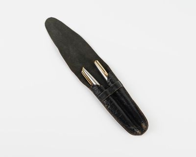 un stylo noir surmonté de deux plumes à pointe dorée
