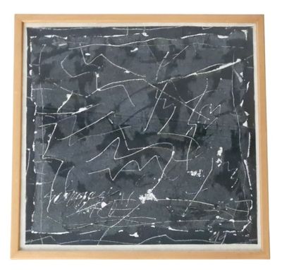 peinture abstraite en noir et blanc sur un châssis en bois, sur fond blanc