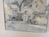 a picture of a painting of a horse and carriage on the street