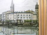 a picture of a painting of a city by the water