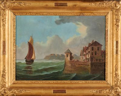 une peinture à l'huile représentant un voilier sur l'eau, près d'un bâtiment