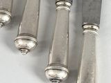 six silverplated knives are lined up in a row on a white surface