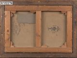 an old picture of a wooden frame with a picture of a train