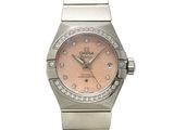 an image of a lady ' s watch with a pink dial and diamonds