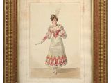 a drawing of a woman in a white dress with a fan in her hand