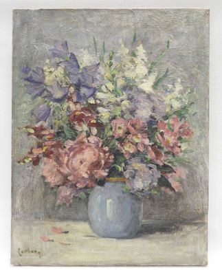 a painting of flowers in a blue vase on a table