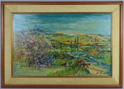 peinture représentant un paysage avec une rivière et une vache au premier plan