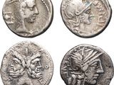 four ancient roman coins, one of which is a head and one of which is a face