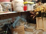 many vases and containers on the shelves in this room
