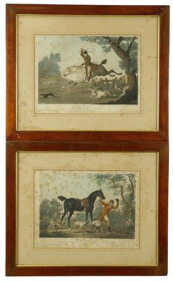 two framed prints of horses and dogs in a wooded setting