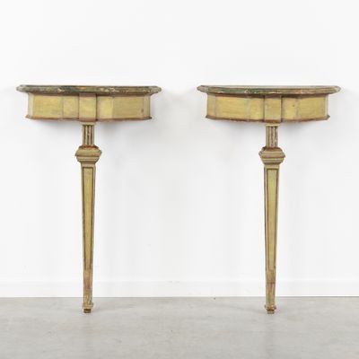 pair of brass console tables with marble top