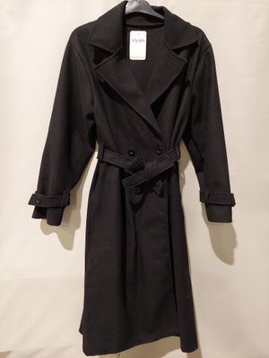 the coat is black and has a belt on it