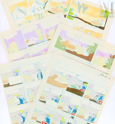 un ensemble de quatre storyboards pour enfants représentant une scène de plage