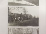 several black and white photos of people riding horses in a field