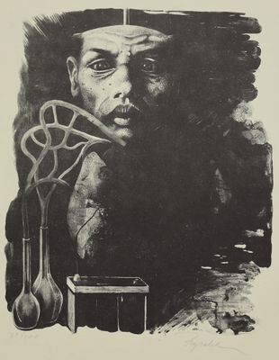 dessin représentant un homme avec un couteau et une fourchette devant lui