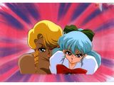 two anime characters are standing next to each other in front of a pink background