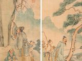 two pictures of a painting of a group of people in a forest