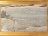 une peinture à l'huile représentant un paysage de montagne avec une maison au loin